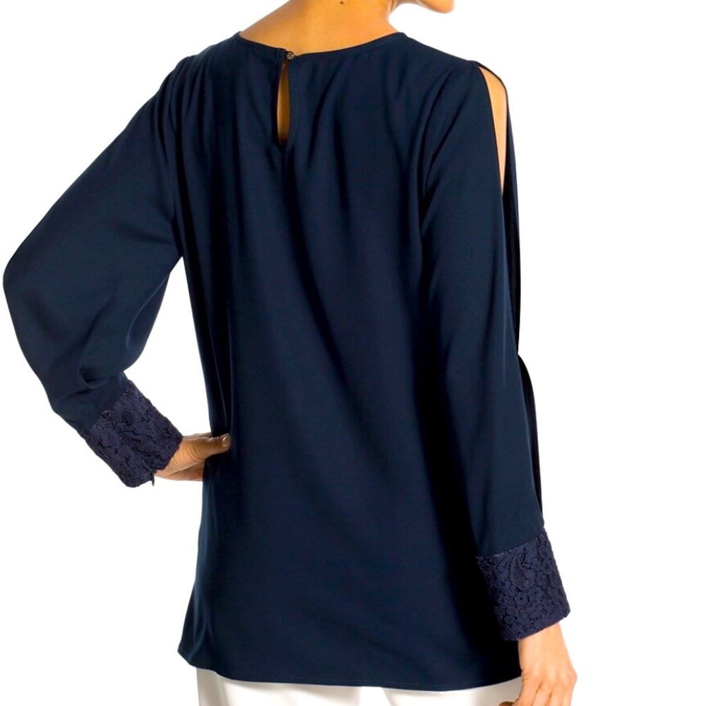 Chicos Split Sleeve Blouse Lace Detail Navy Blue NWT! Size 0 (S/4) Gorgeous!